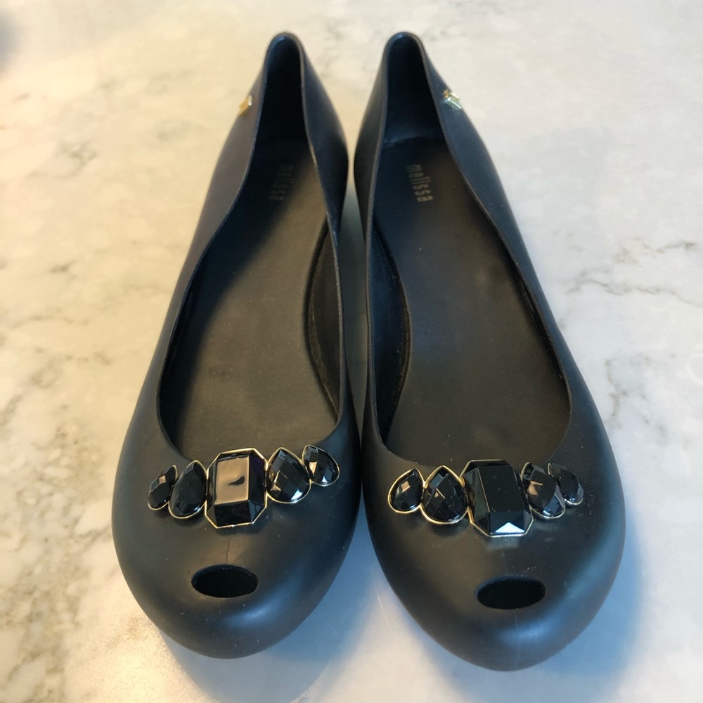 Melissa Embellished Jeweled Toe Black Flats | 9